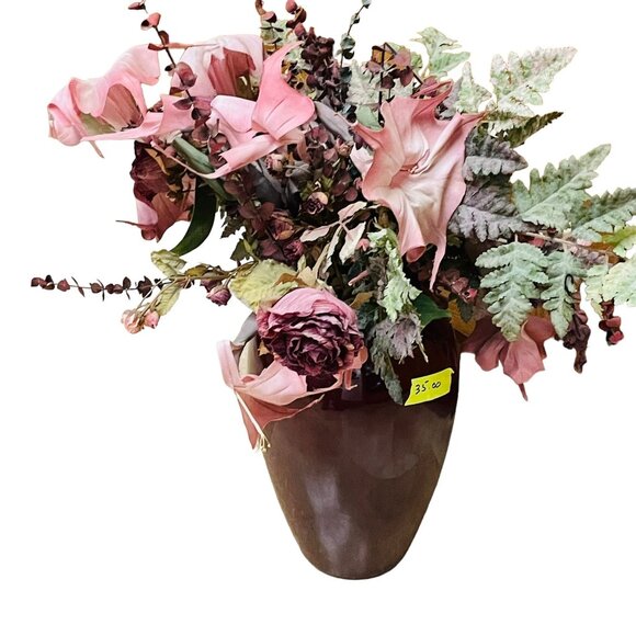 Large Decorative Vase With Artificial Floral Arrangement Pink & Green Silk Flowe - Picture 2 of 7